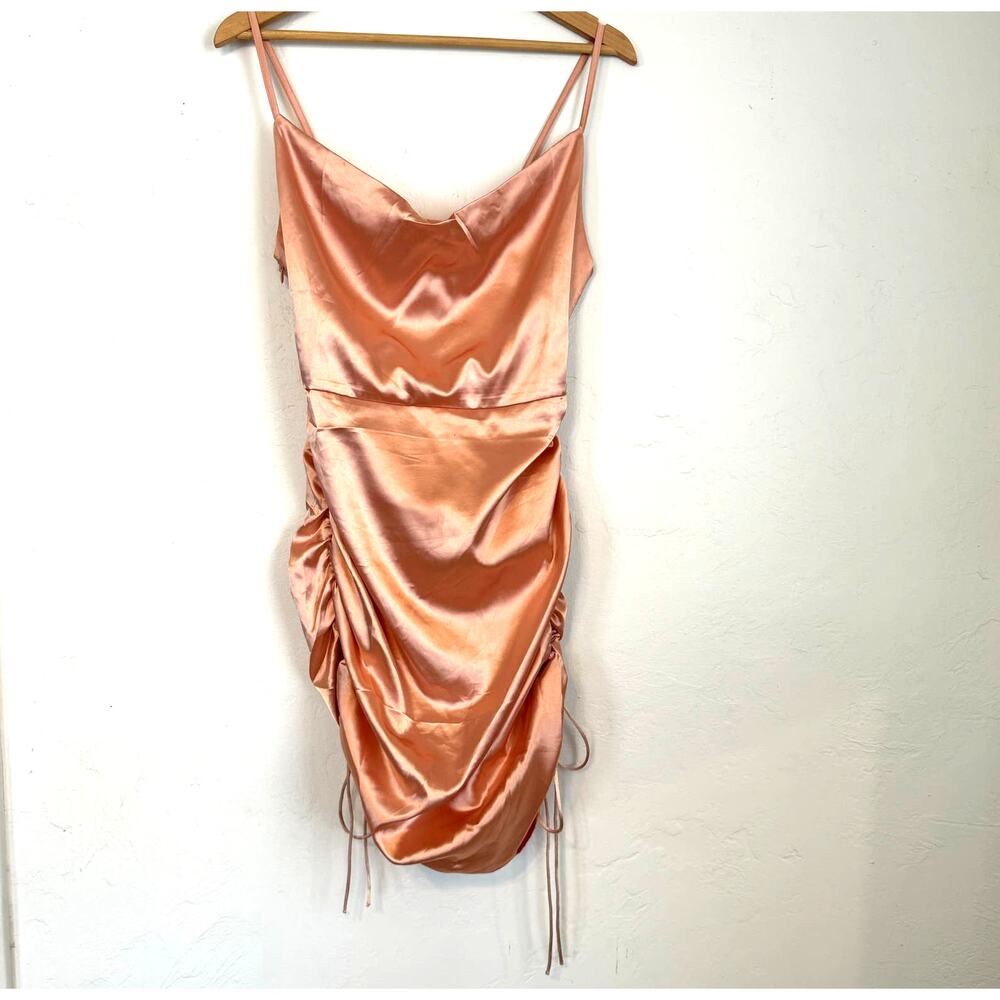 Rose Gold Satin Cami Ruched Drawstring Mini Prom Club Party Dress Size Medium